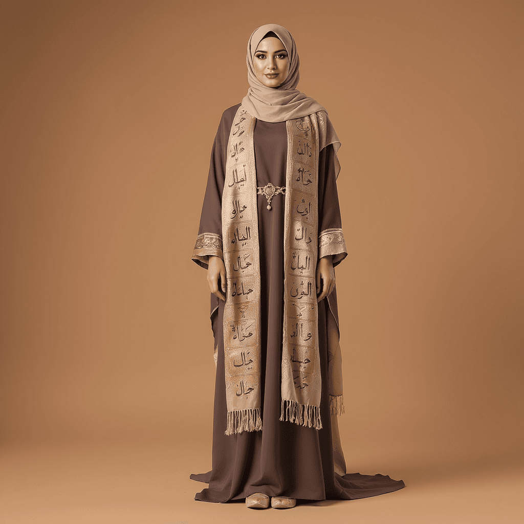 AI generated: Beautiful arab woman, full body showing, wearing abaya and scarf decorated with arabic letters and w...
