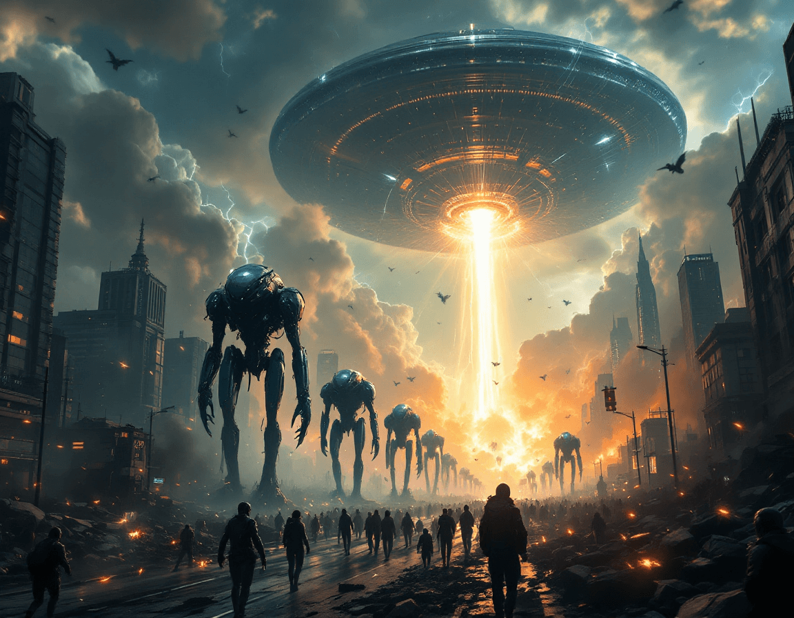 AI generated: A colossal alien mothership pierces through Earth’s skies like a blade tearing fabric, its massive s...