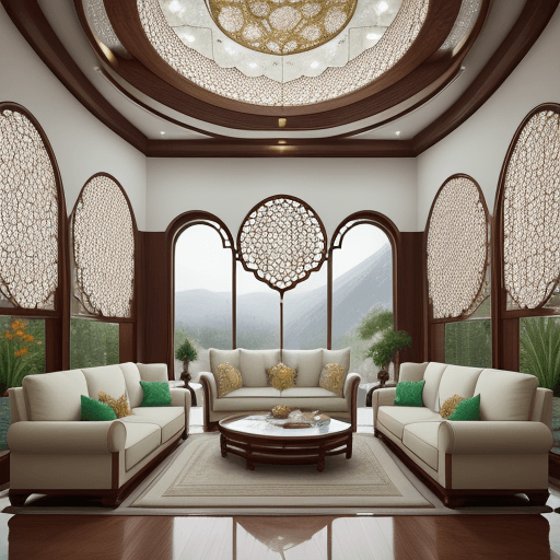 AI generated: High-resolution photography interior design, dreamy sunken living room conversation pit, wooden floo...