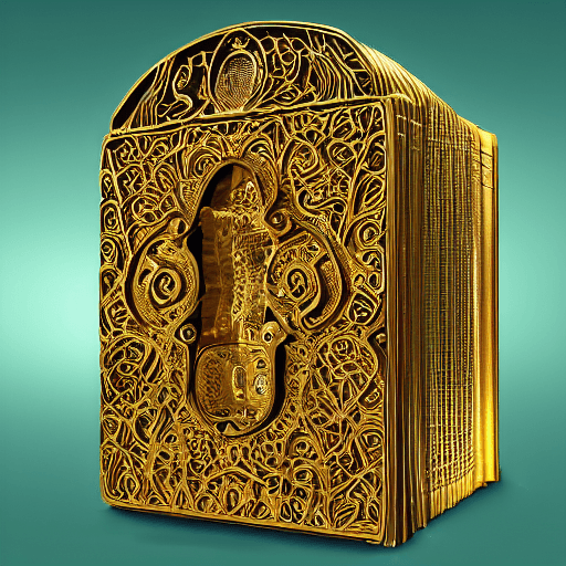 AI generated: Generate a 3D image of a book-shaped safe, completely covered in gold with an intricate and futurist...