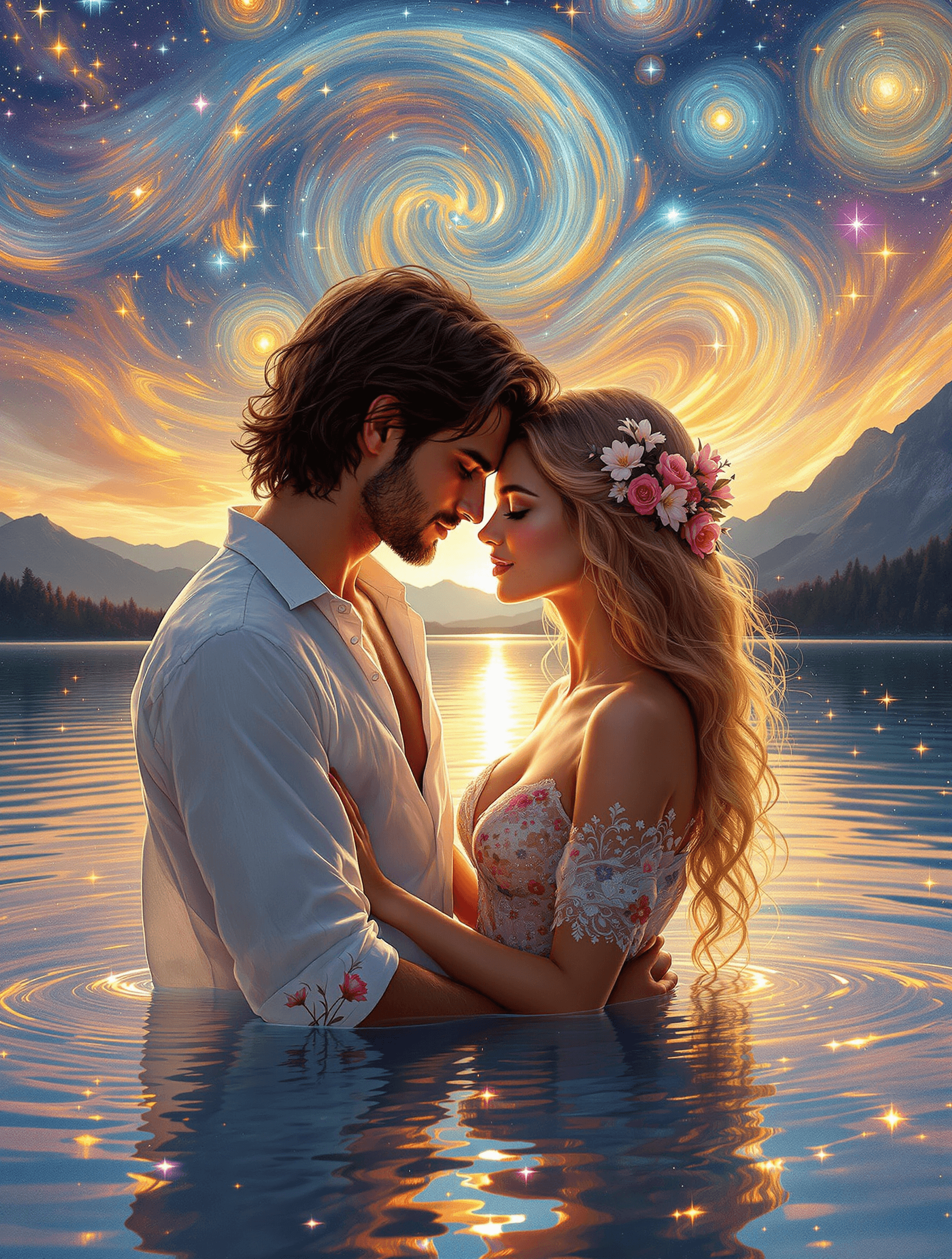 AI generated: A breathtaking, romantic fantasy painting of a couple embracing in a shimmering, dreamlike lake at s...