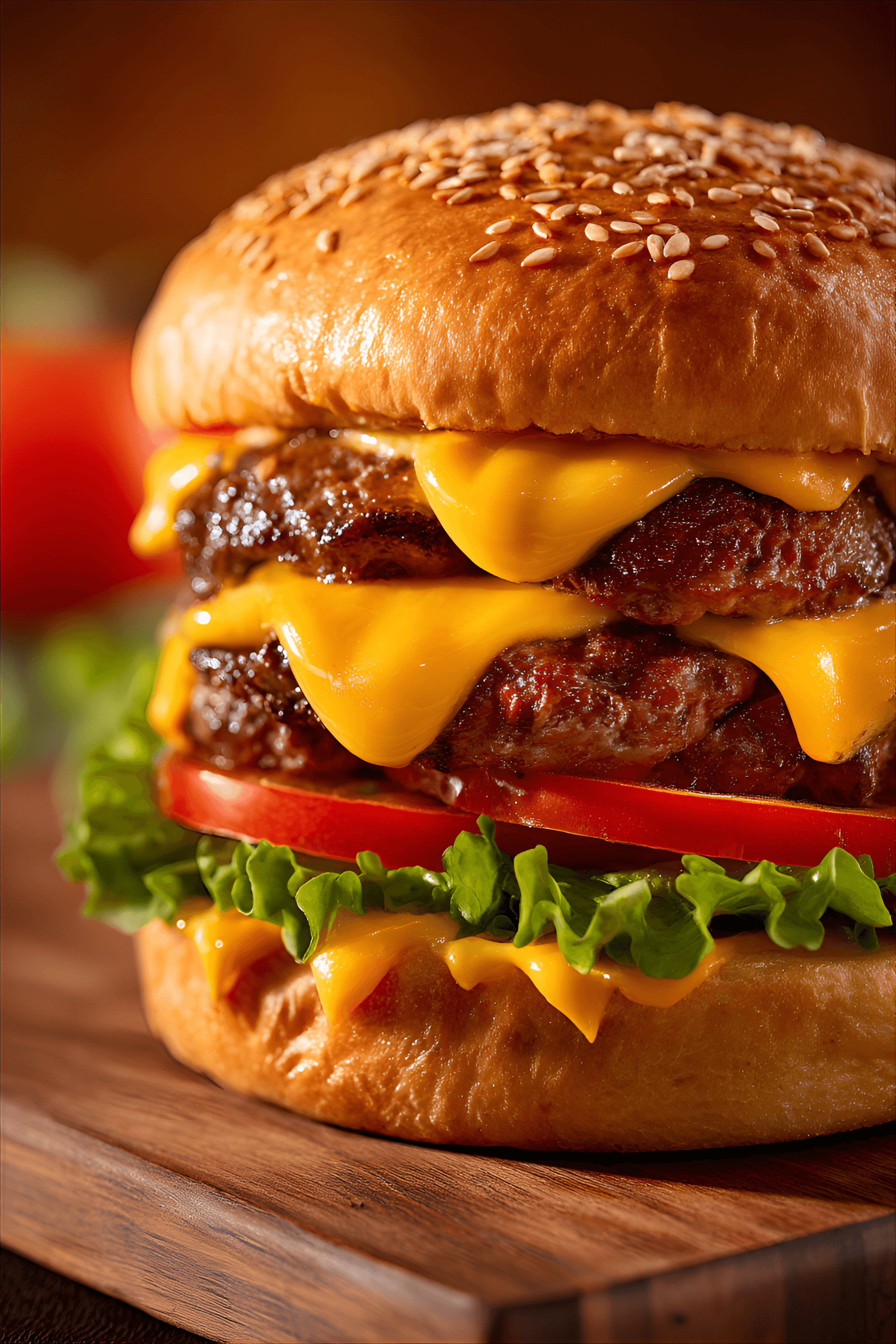 AI generated: Close-up double cheeseburger, golden-brown sesame seed bun, melted cheddar cheese, juicy double patt...