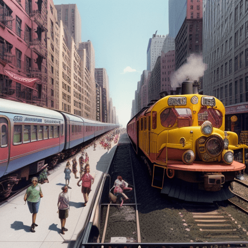 AI generated: Hyper realistic   New York city 1970s color street life train on building cars on elephants donkey r...