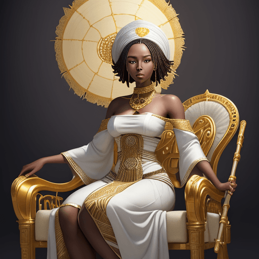 AI generated: a beautiful African queen in a white dress seated on a golden African chair with a staff in her hand...