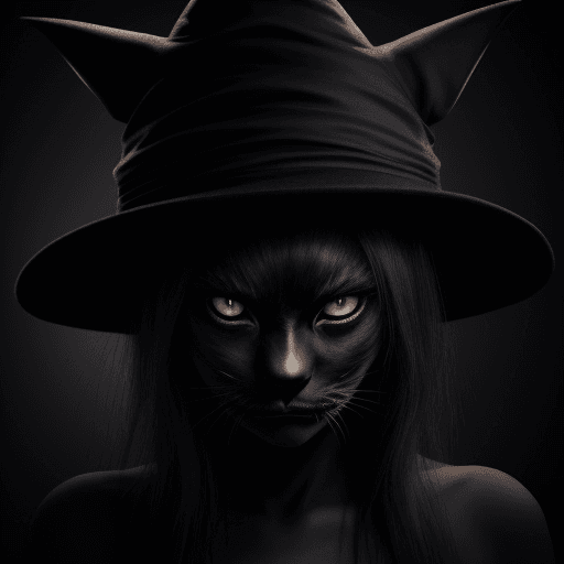 AI generated: black cat with black eyes, serious look, wearing halloween hat. black skin but old age, horror style...