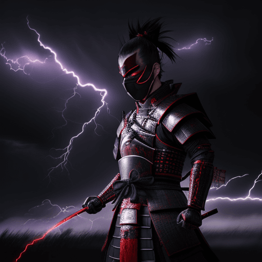 AI generated: A dark-faced samurai warrior with glowing red eyes, wearing traditional samurai armor, his face part...