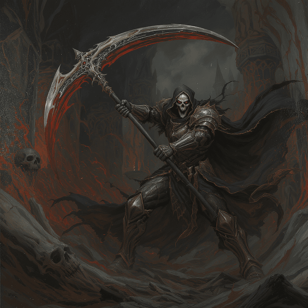 AI generated: painting in the style of a dark fantasy artist of the grim reaper fighting in full plate armor, swin...