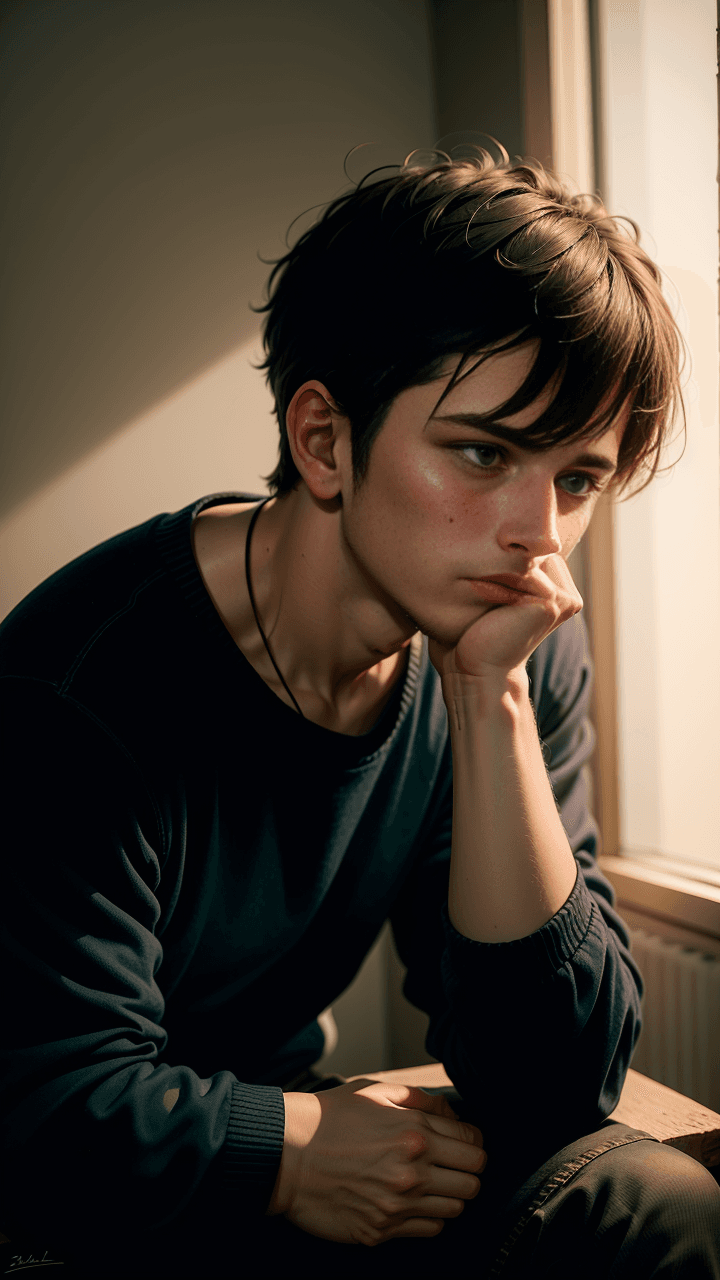 AI generated: A ((best quality)) portrait of a very lonely and sad young man. He is sitting alone in a dimly lit r...