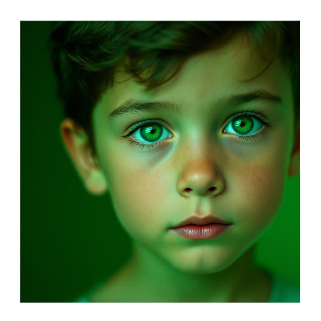 AI generated: photography, front shot, face close-up, 4years old boy model, gaze, background is solid green, captu...