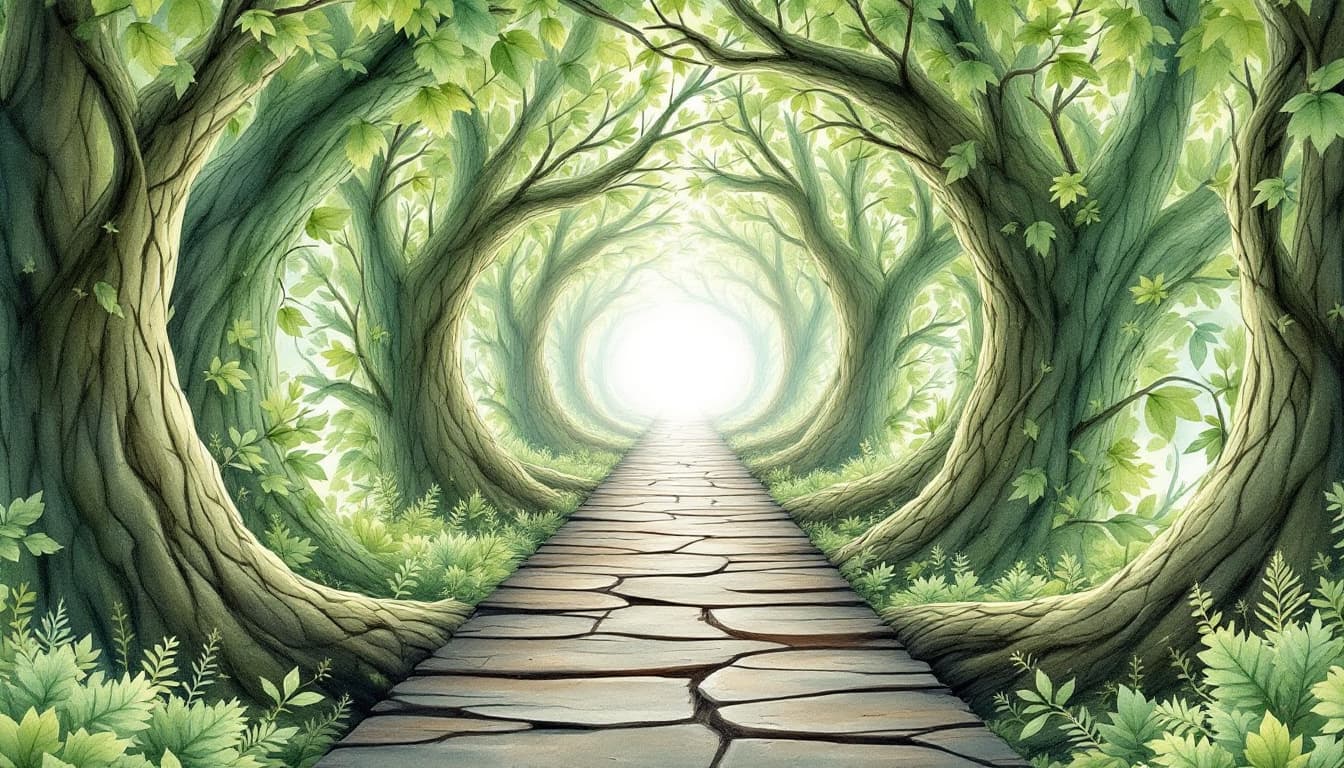 AI generated: water color work, fractals, symmetric work, pastel colors, a straight tunnel of greeneries , leaves ...