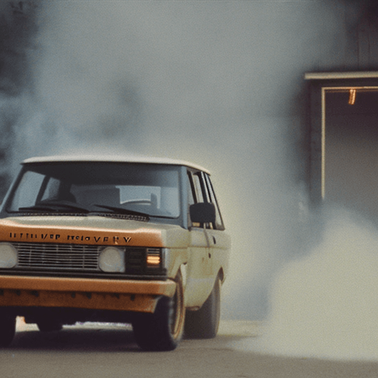 AI generated: vhs quality 50mm handycam wiev from a litte far distance, range rover drifting inside of a big garag...