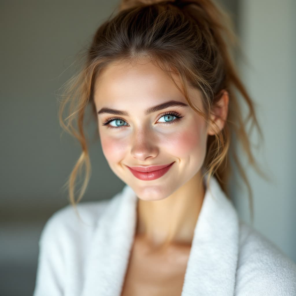 AI generated: A portrait of a young woman with light brown hair in a high ponytail, smiling softly with blue eyes ...