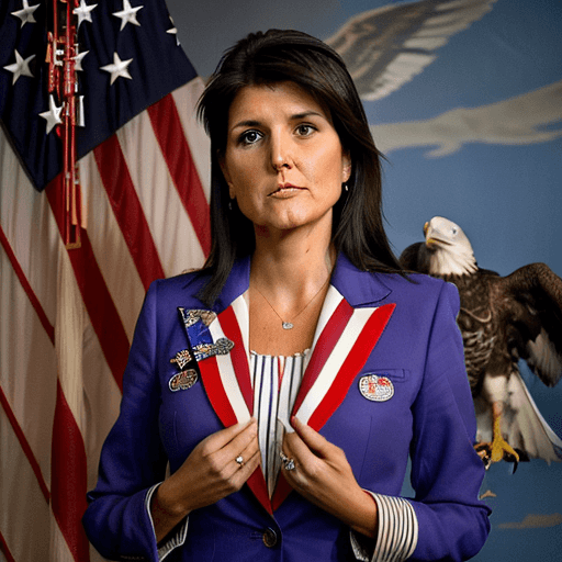 AI generated: nikki haley petting a large eagle with a red right wing, a blue left wing, vertical red and white st...