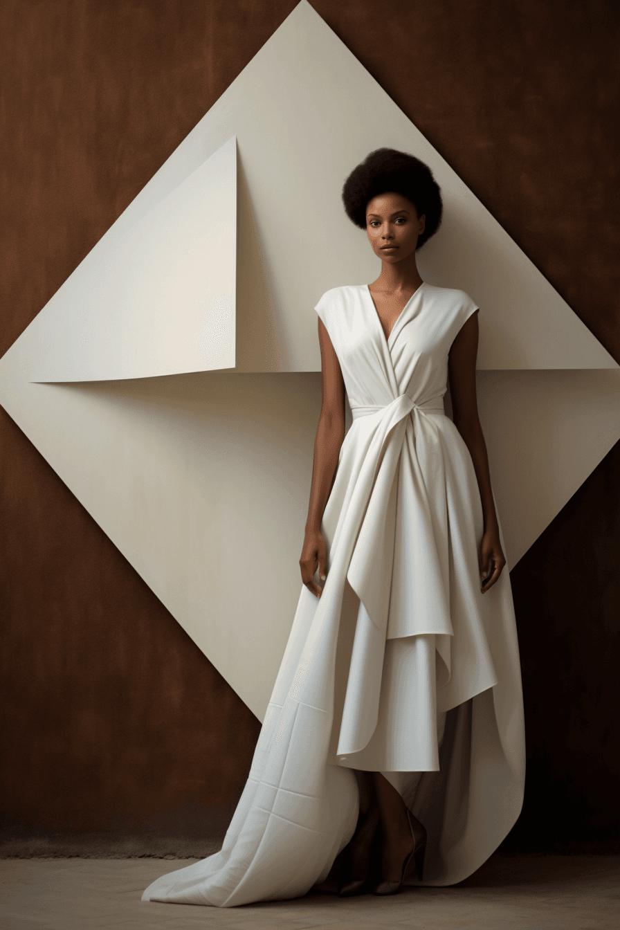 AI generated: the black woman in white dress posing for a photo, in the style of asymmetrical geometry, hatcore --...