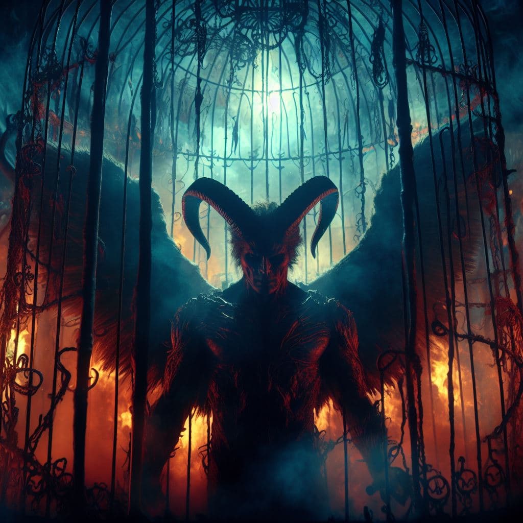 AI generated: Lucifer in a mystical cage in hell, scary, epic, apocalypse, very detailed, Greg Rutkowski, Jesper E...