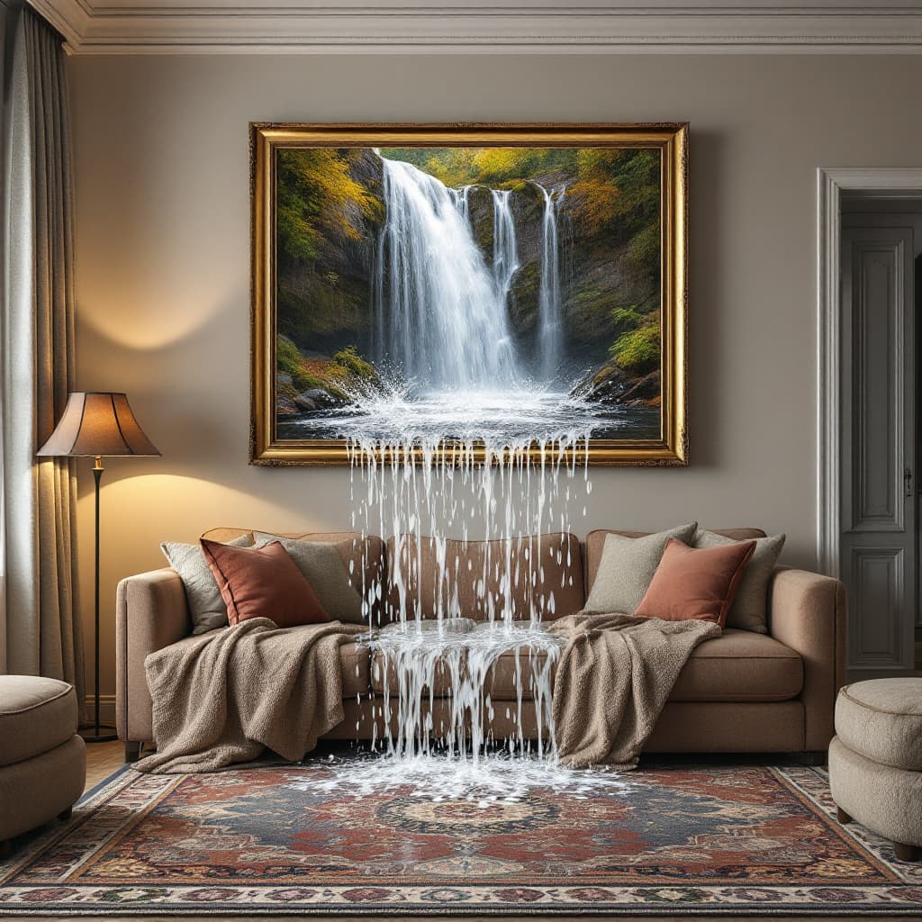 AI generated: A cozy living room with a soft, plush sofa and a warm, patterned rug at the center. Hanging on the w...