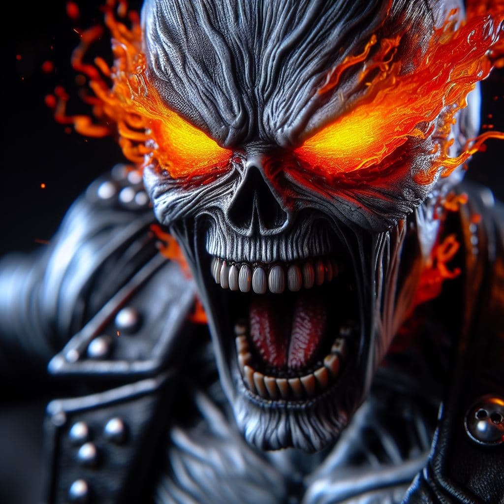 AI generated: close up of Ghost Rider of Marvel screaming, in a fit of rage, fire eyes, Masterpiece, gigantic scal...