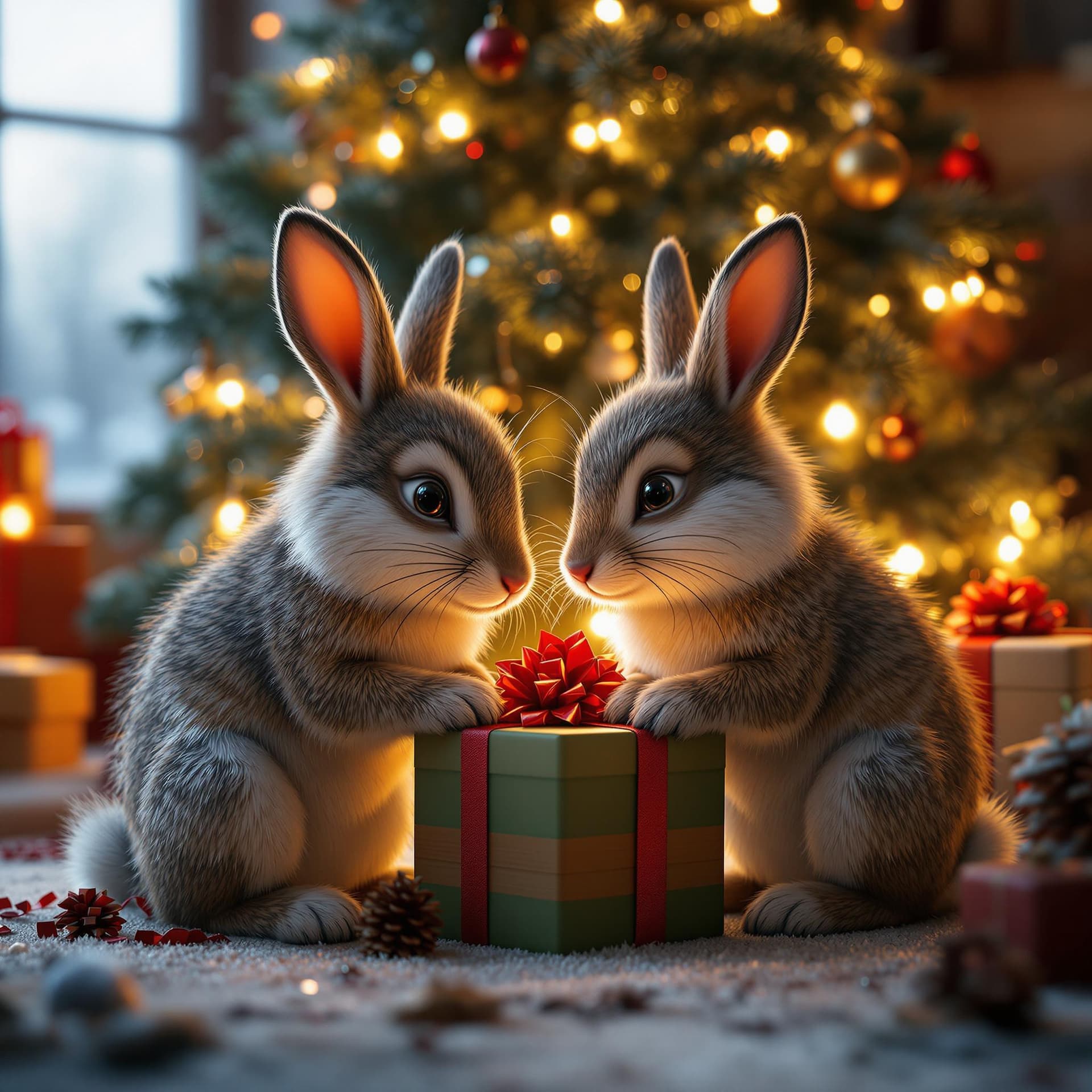 AI generated: Photo of a ultra realistic bunnies wolf friends, christmas gift under a christmas tree, dramatic lig...