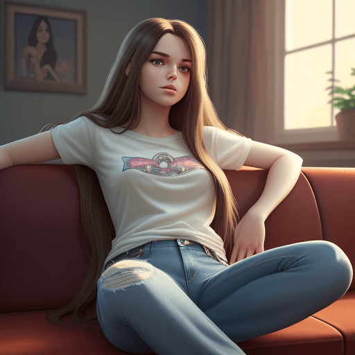 AI generated: a woman, with long hair in jeans, sitting on a couch, in the style of cartoon realism,
 cute and dre...
