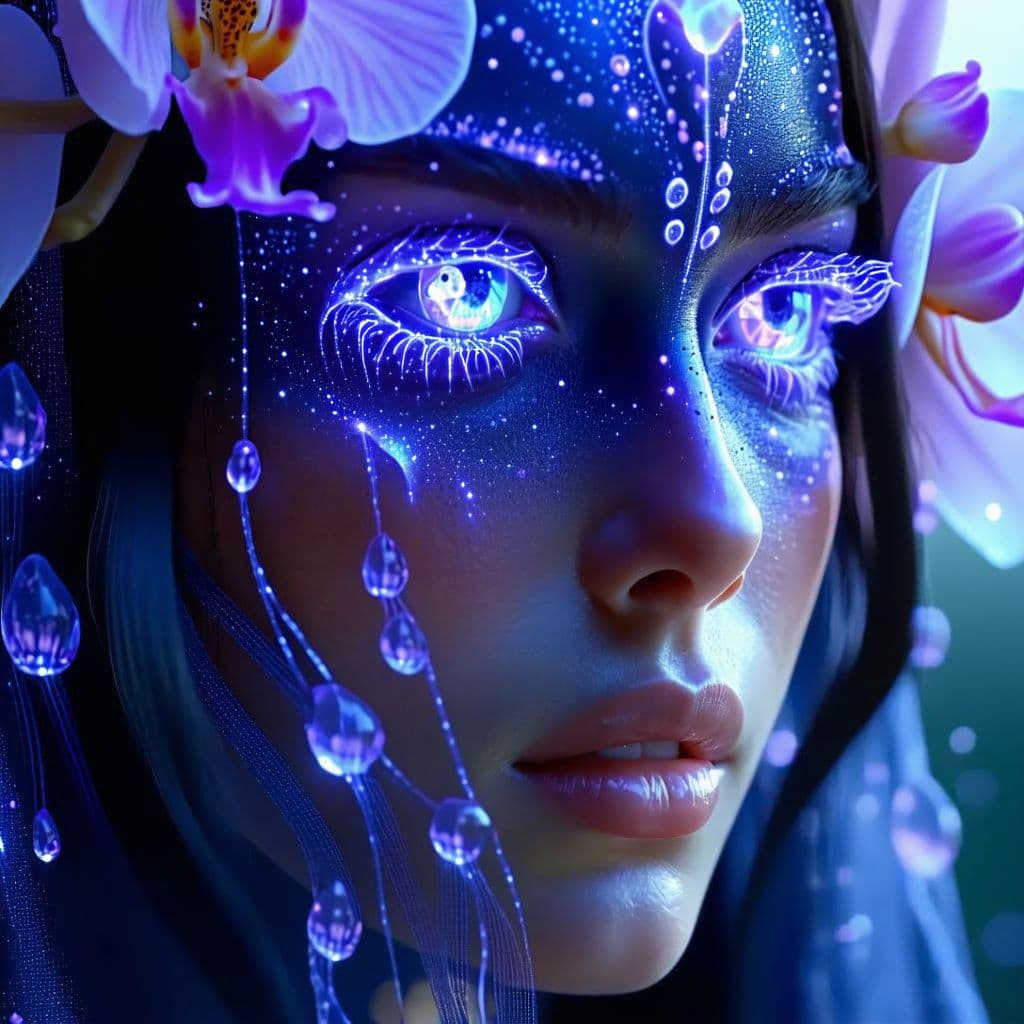 AI generated: Goddess close-up portrait ribcagel. jellyfish phoenix head, nautilus, orchid, skull, betta fish, bio...