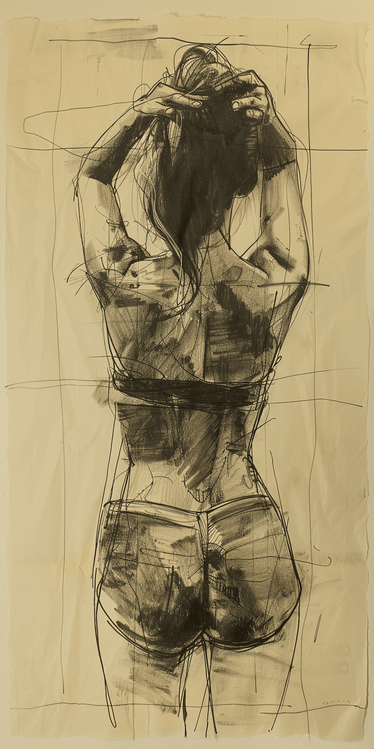 AI generated: Rough charcoal sketch on old paper, beautiful female figure, seductive pose, clean line art --ar 1:2...