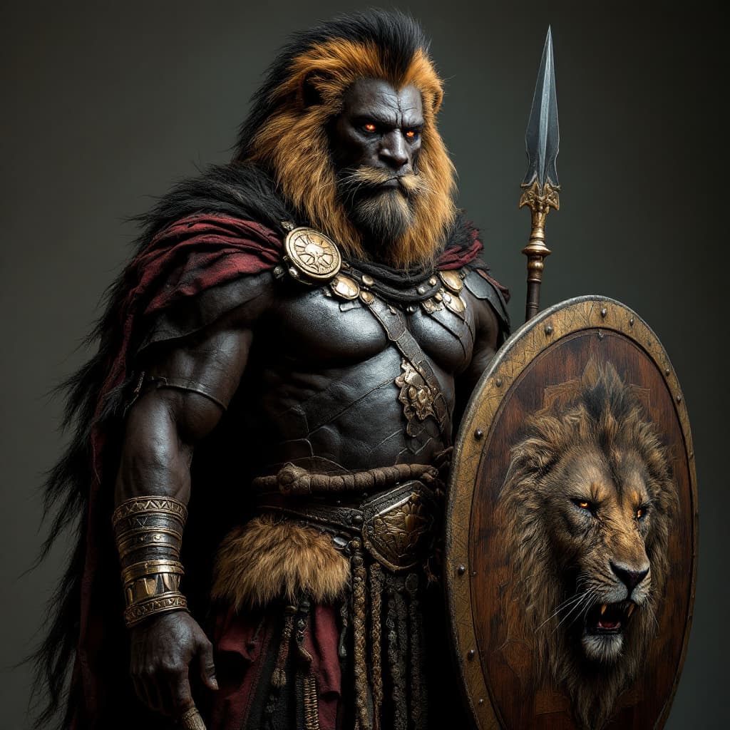 AI generated: A 14ft tall black African Warrior , with Zulu style armour with shield and Spear with the head of a ...