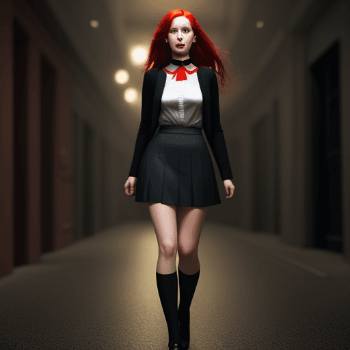 AI generated: a woman wearing a skirt, full body, collar ,
red hair, realistic , cinematic, low light 