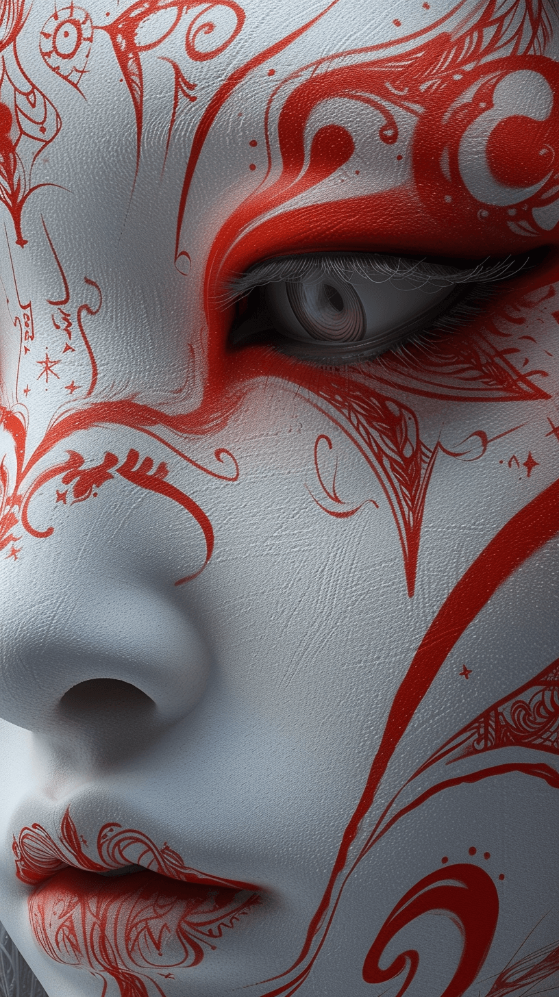 AI generated: red and white face paint by wysi, in the style of futuristic victorian, japanese-inspired art, zbrus...