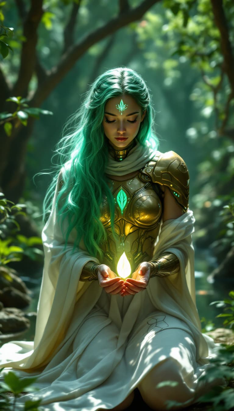 AI generated: A cinematic digital artwork featuring a serene, female armored figure in a kneeling and contemplativ...