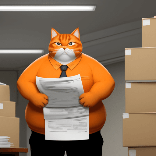 AI generated: Whiskers, a chubby orange father cat, stands nervously in a cluttered office space under harsh fluor...