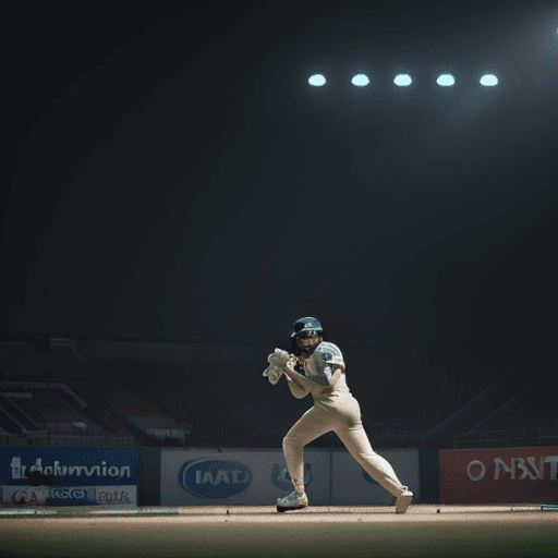 AI generated: photo of "Play station 5" in cricket stadium,neon-lit effect,  dramatic dark light, cinematic lighti...