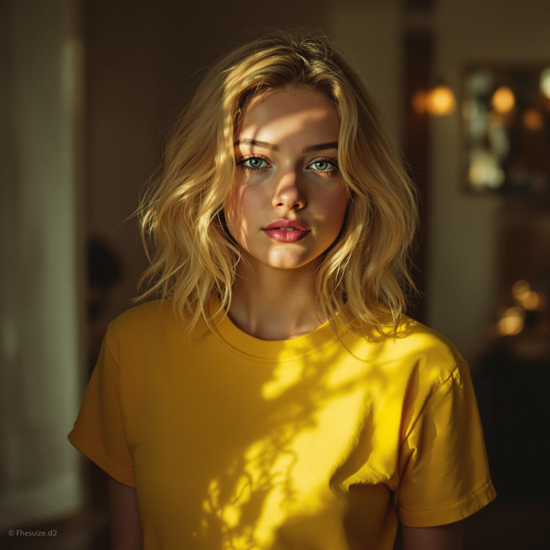 AI generated: blond girl in a yellow shirt is posing, soft, atmospheric lighting --chaos 33 --ar 9:16 --profile yr...