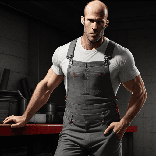 AI generated: Jason Statham wearing an red and gray overall