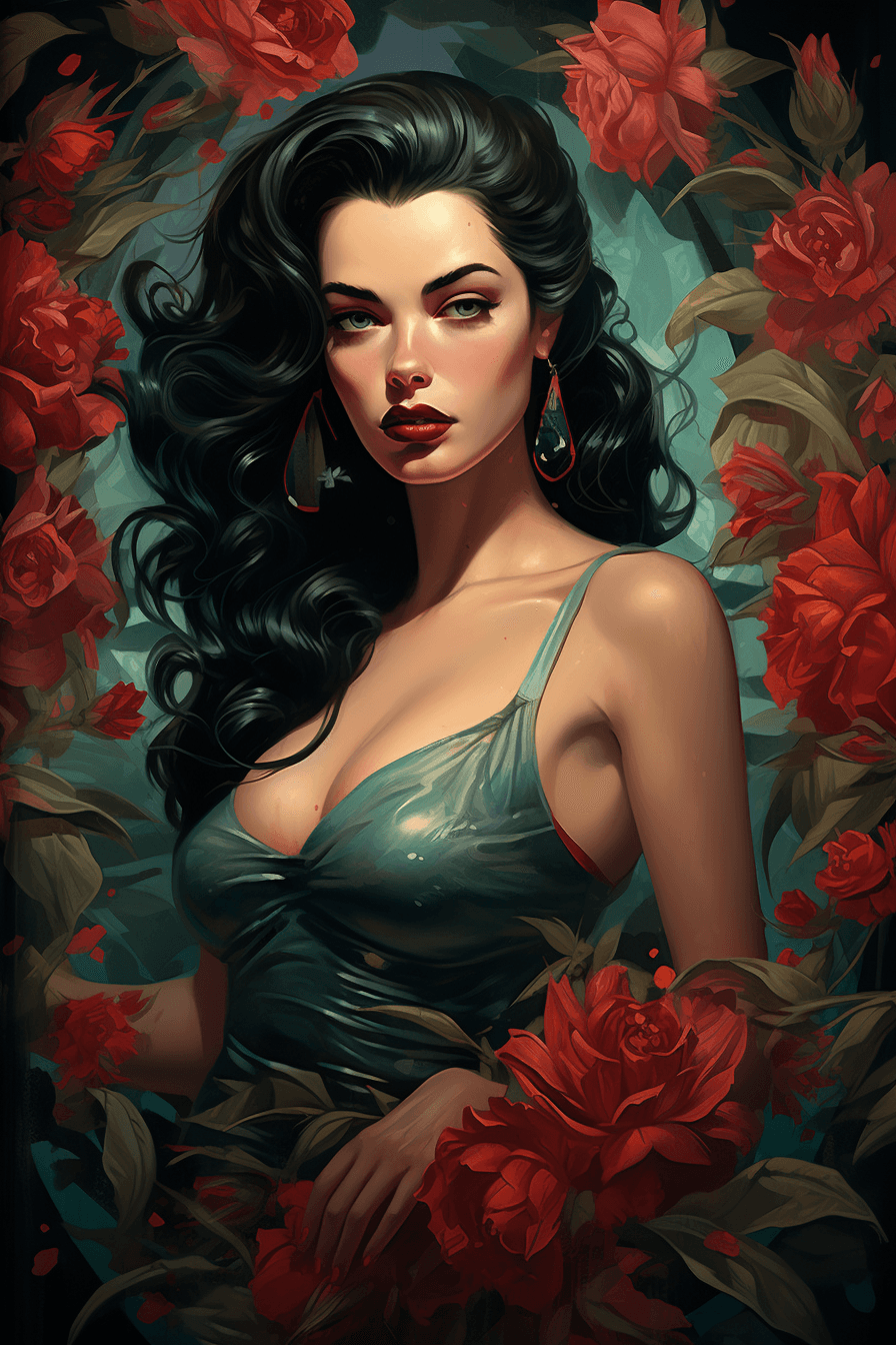 AI generated: An illustration of a woman wearing red lipstick and flower tattoo, in the style of glamorous pin - u...