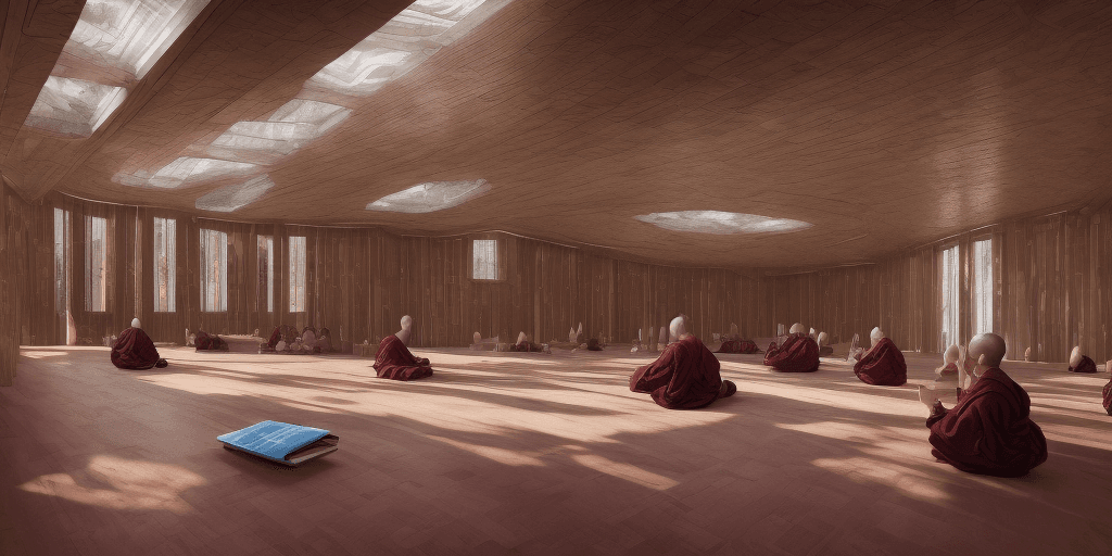 AI generated: High-resolution photography exterieur of a spaceship where monks in dark burgundy red robes are medi...