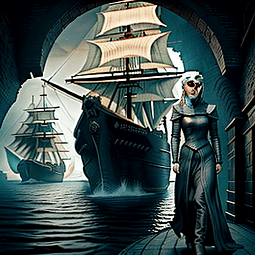 AI generated: A Game of Thrones style female rogue stalking through a waterfont city in the shadows of four masted...