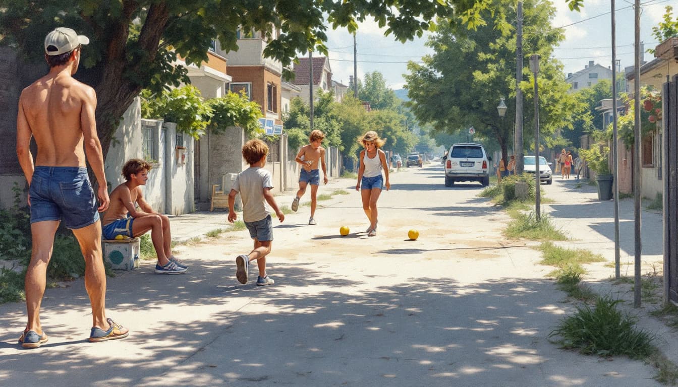 AI generated: Una tarde de verano especialmente calurosa; a los niños de 9 a 12 años jugando beisbol en la calle. ...