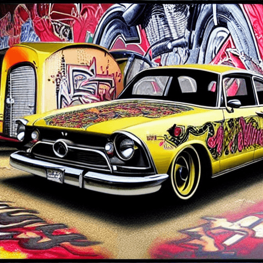 AI generated: a realistic vintage car adorned with an intricate, graffiti-style mural, full wide view, highly deta...