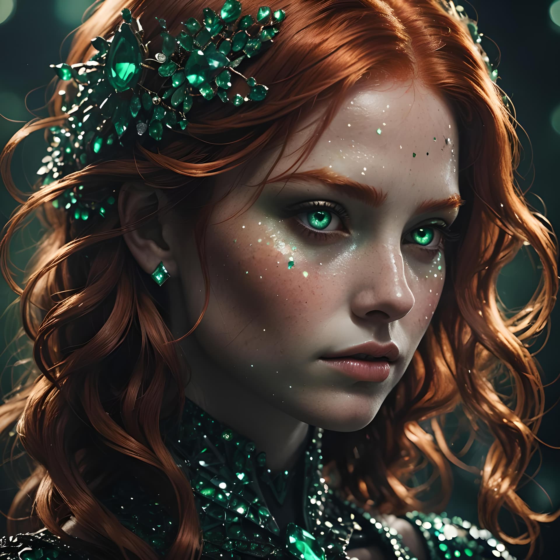 AI generated: a close-up of a Mesmerizing creature featuring glittering emeralds, pexels contest winner, a feature...