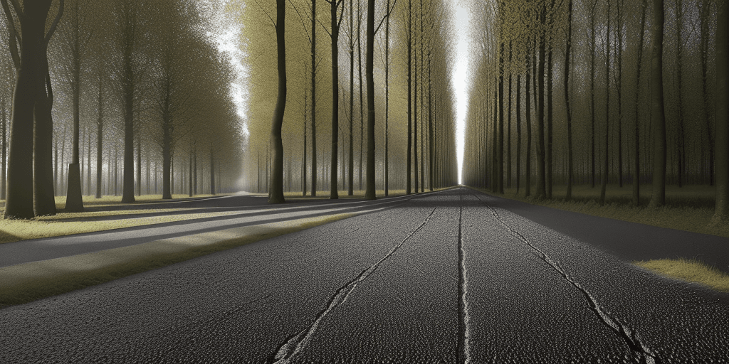 AI generated: stretch of the Arenberg Forest, of the Paris-Roubaix cycling race, in cartoon style, showing the pav...