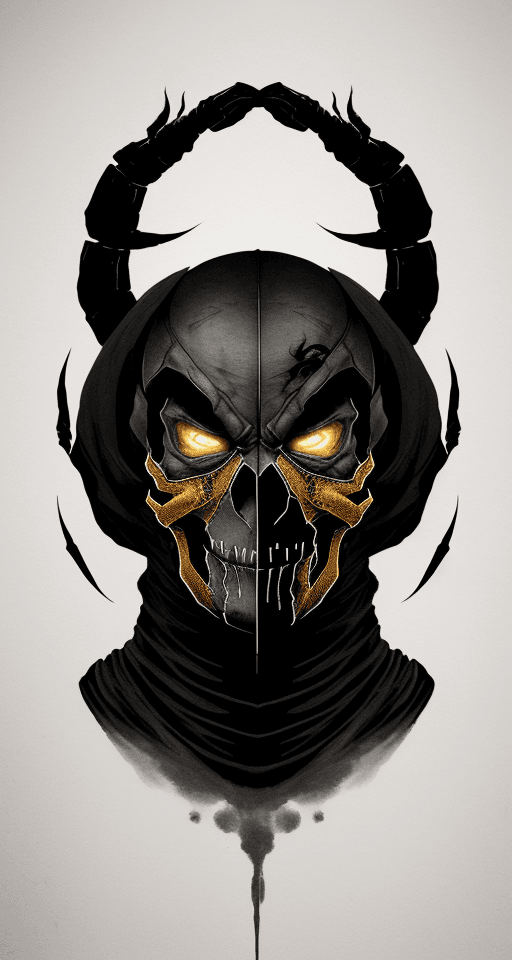 AI generated: Scorpion from Mortal Kombat, skull face, warm white dull lifeless eyes, very scary character, close-...