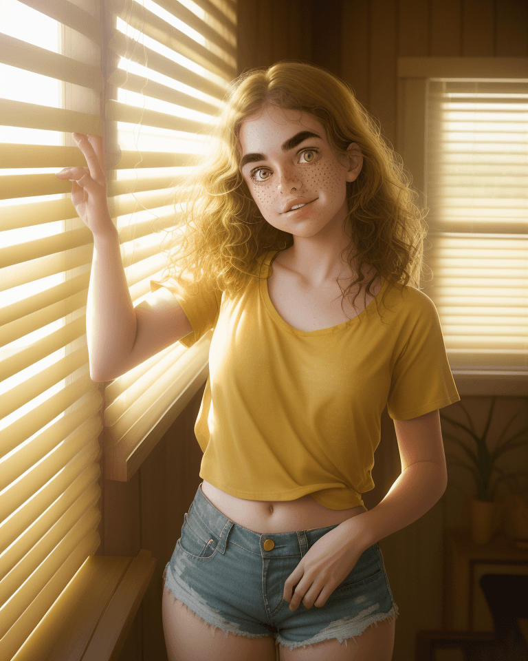 AI generated: photo, cute pose, a female is near a window, the light from outside shines in thru slats of the wood...