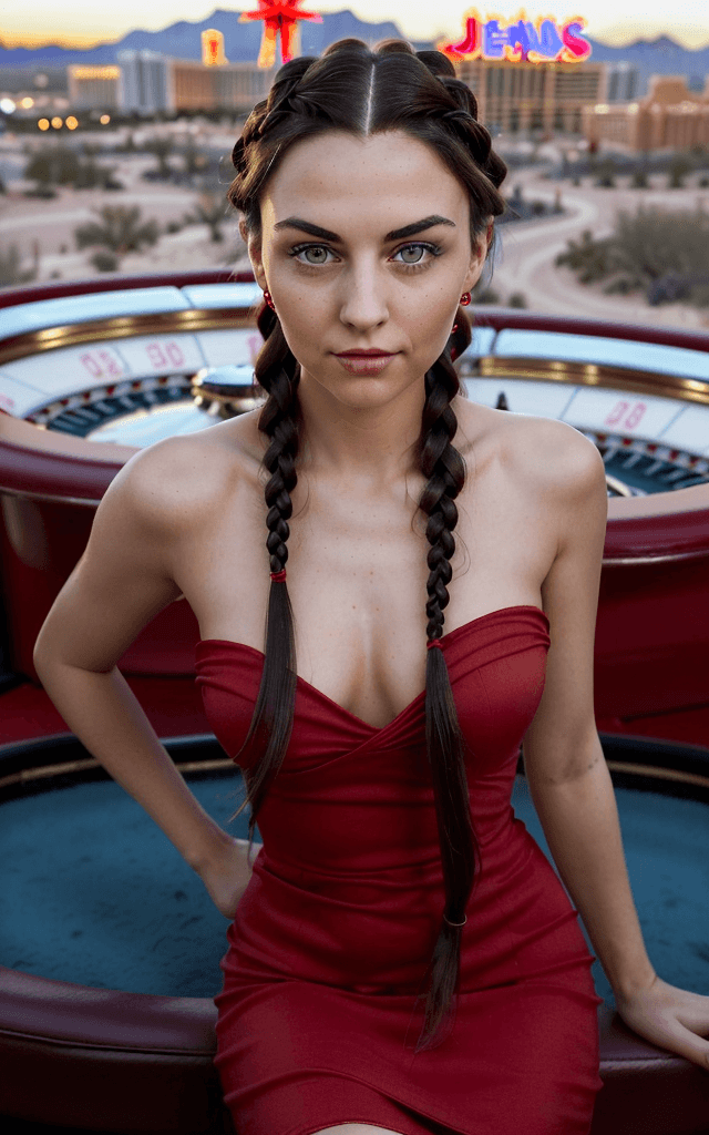 AI generated: Create an image of a highly attractive woman with dark hair braided. She is wearing a red dress. The...