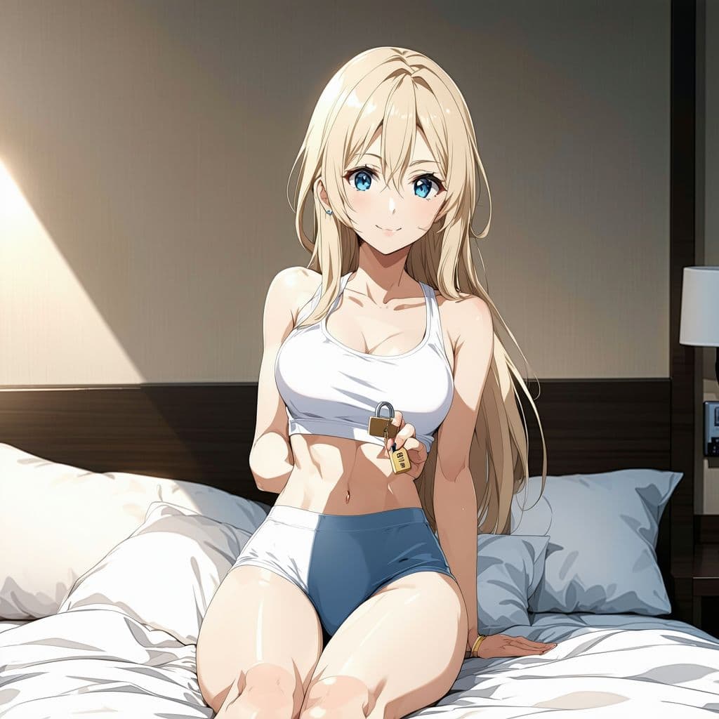 AI generated: bedroom, anime woman sitting on the edge of the bed with her legs dangling to the floor, 25 years ol...