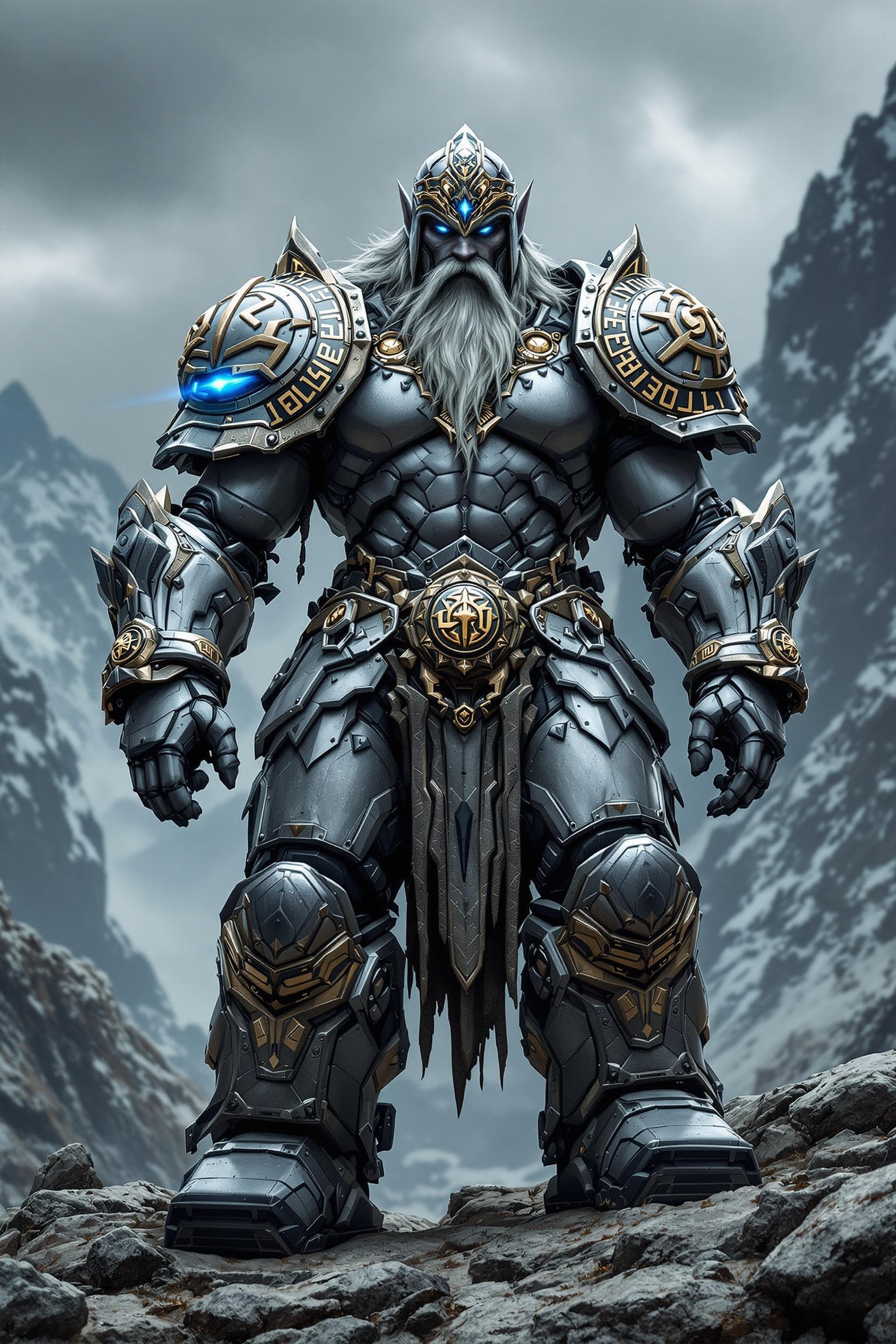 AI generated: High resolution photo full body, grey skin dark dwarf fighter, mechanical robot legs with tank like ...