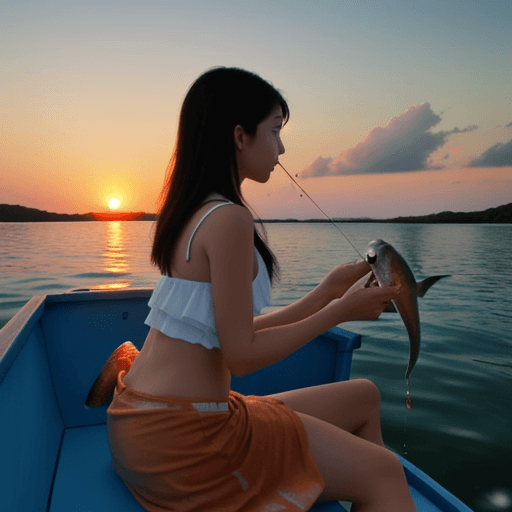 AI generated: Girl feeding fish while sitting on a boat in the clear water with beautiful fish and an amazing suns...