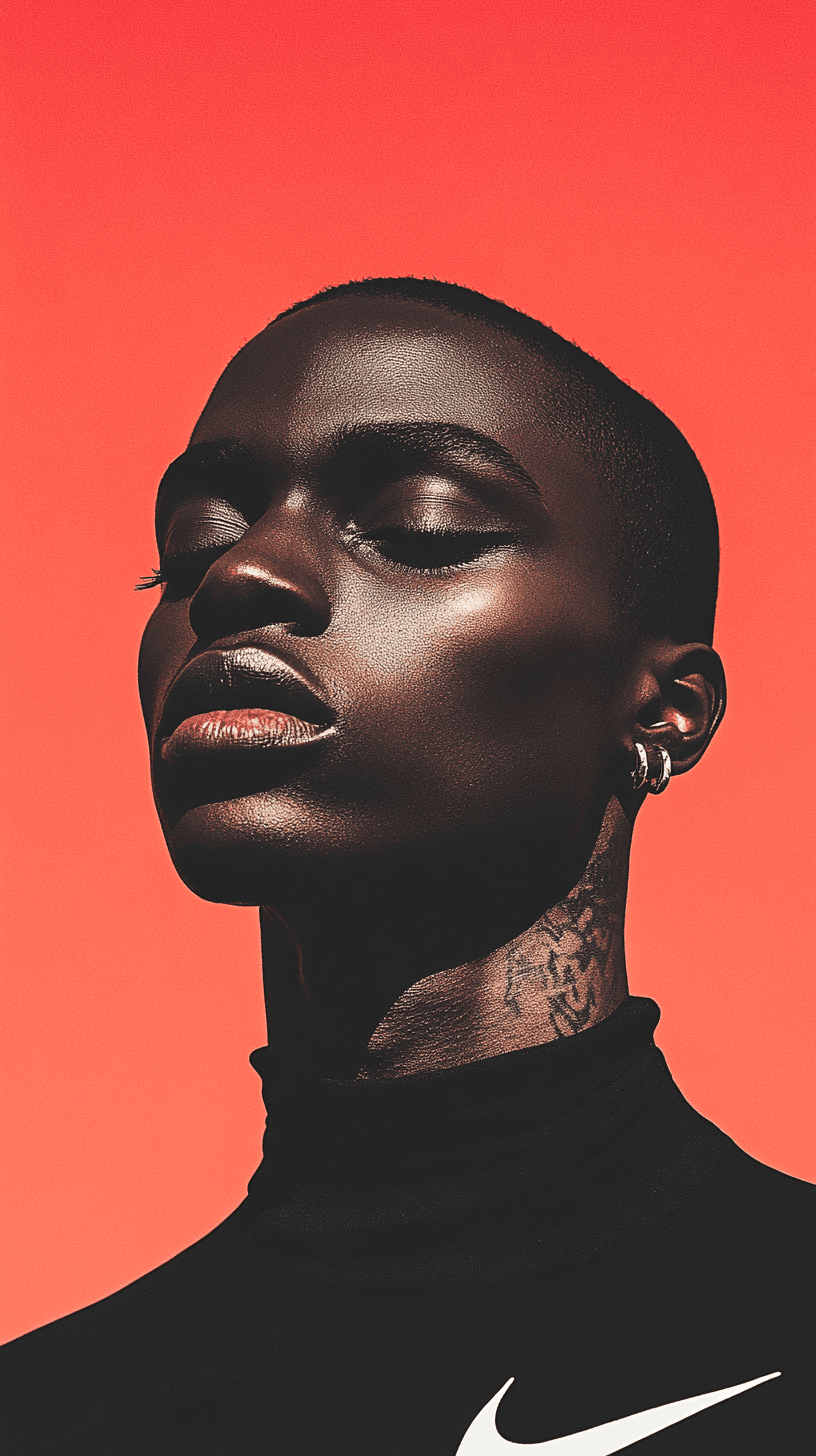 AI generated: Symetrical ultra Closeup of a dope faced tattoed model, dark mirror glazed Nike sport outfit, Minima...