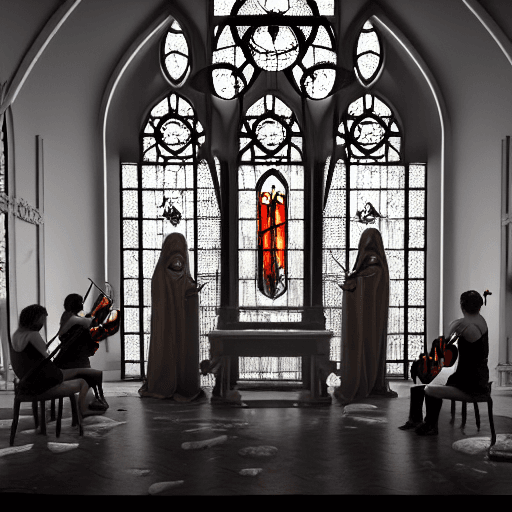 AI generated: an orchestra of characters playing instruments on fire in a chapel   surrounded by ghosts made out o...