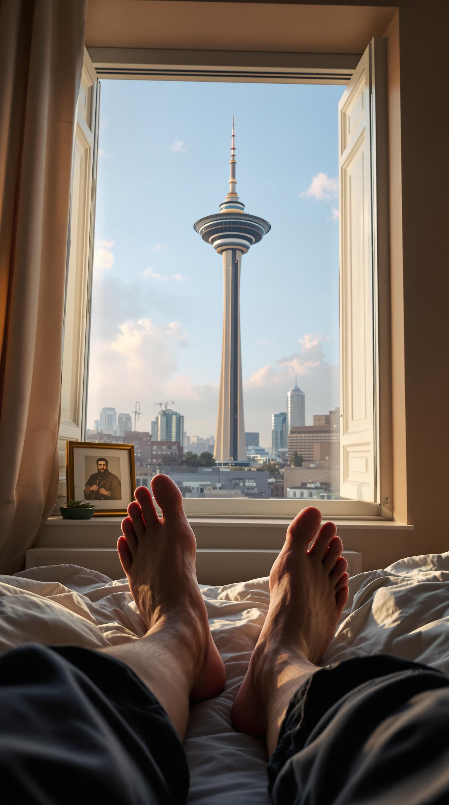 AI generated: POV first-person, 
I am a 30-year-old man, lying on my bed in my bedroom, just waking up in the morn...