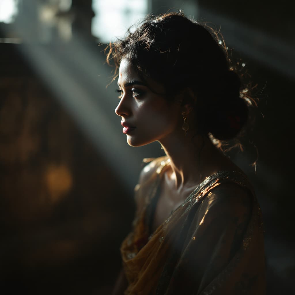 AI generated: indian woman posing, soft, atmospheric lighting --chaos 75 --ar 1:2 --profile yruxpc2 --stylize 750